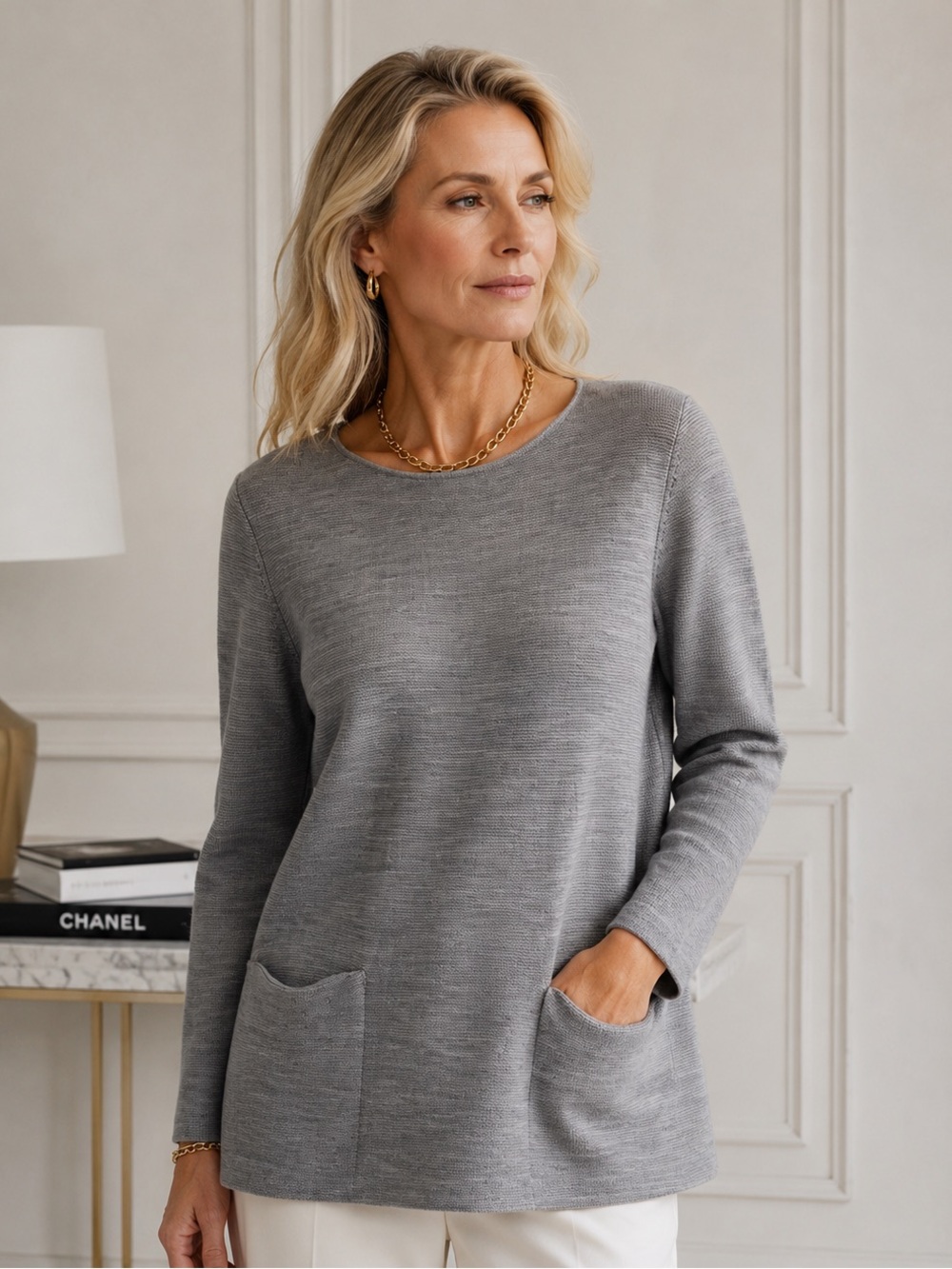 COS Gray Crewneck Pocket Knit Tunic Sweater SZ L